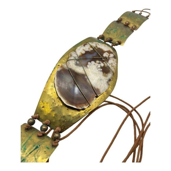 Statement Artisan  Hand Bade Brutalist Wide Panel Boho Metal Agate Belt Only - Picture 15 of 16